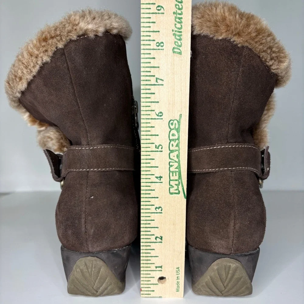 Sporto Womens Nubuck Faux Fur Collar Wedge Ankle Boots Size 9.5M Brown Cozy Boho